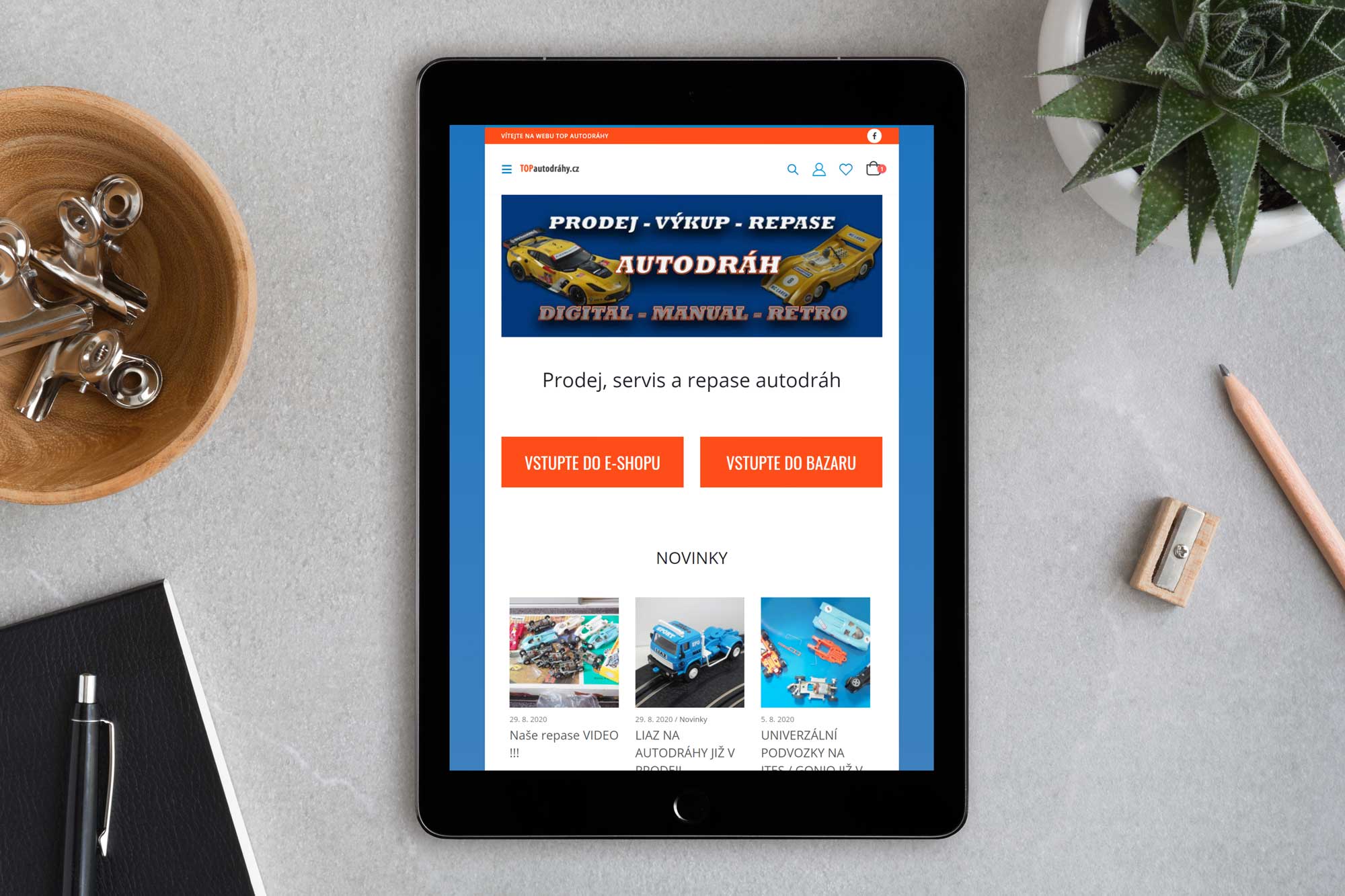 Tablet s index stránkou eshop Top autodráhy